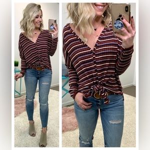 Striped Long Sleeve Knot Top